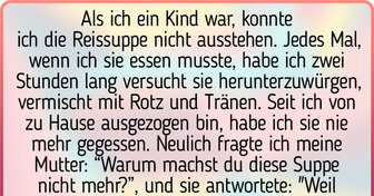13 Menschen, die sich an der Schulter eines Psychologen ausweinen und ihm erzählen, was sie als Kinder zu essen bekommen haben