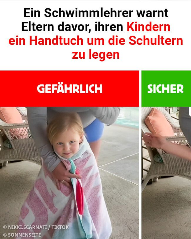 Das kann tödlich sein: Ein Schwimmlehrer warnt Eltern davor, ihren Kindern ein Handtuch um die Schultern zu legen